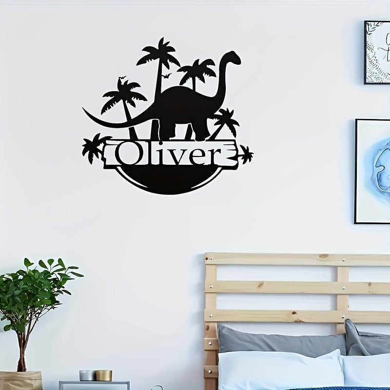 Customize your very own dinosaur metal door hanger with a personalized name. This unique home decor and nursery wall art piece is made of black metal and is perfect for ages 14 and up.