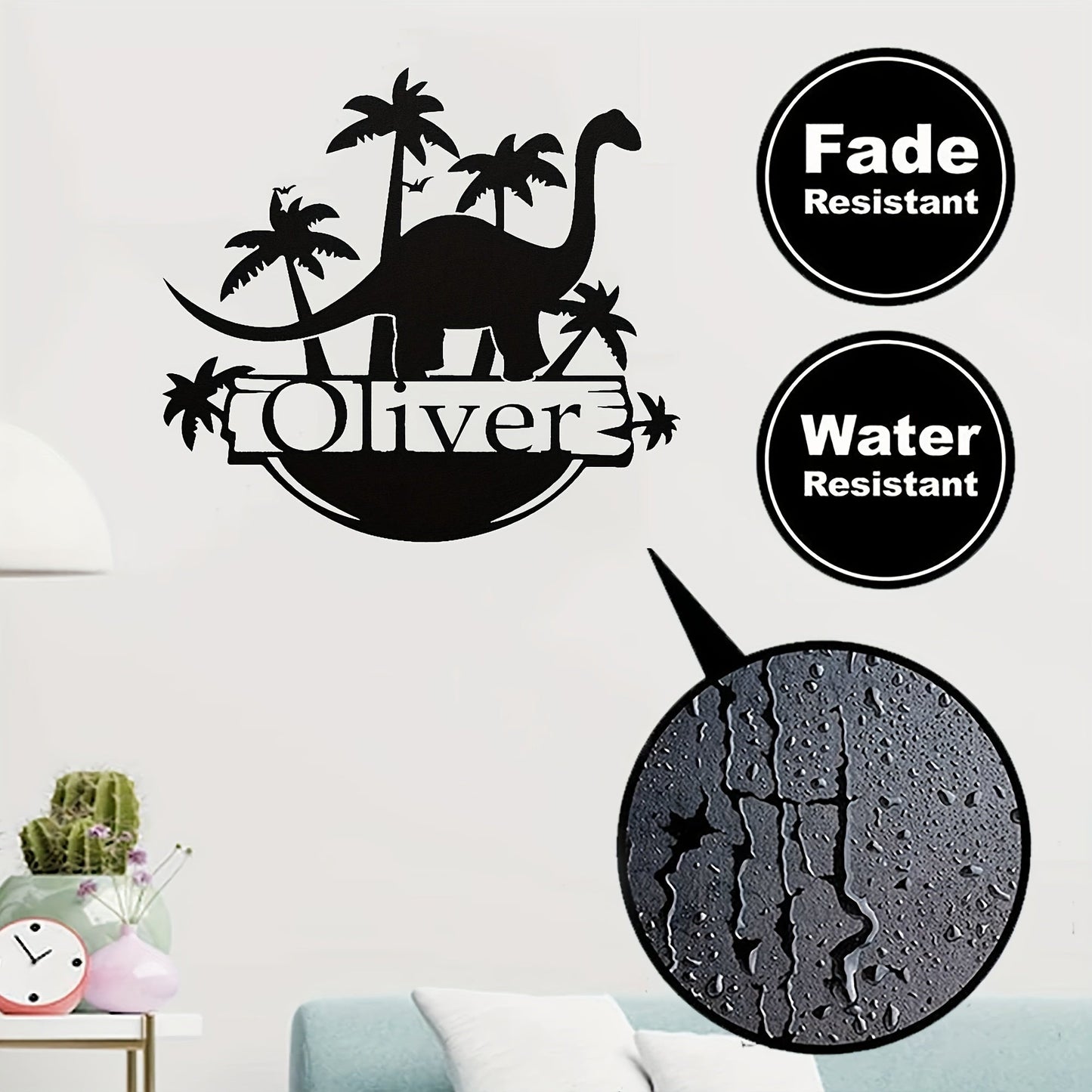 Customize your very own dinosaur metal door hanger with a personalized name. This unique home decor and nursery wall art piece is made of black metal and is perfect for ages 14 and up.