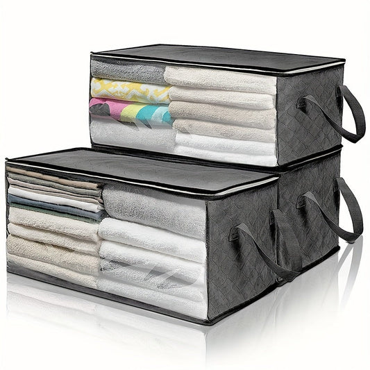 Large, collapsible storage boxes with a 54L capacity in a modern grey color. These rectangular boxes feature a contemporary style and are made of durable fabric with a clear window and sturdy handles. Perfect for organizing closets, dorm rooms, and