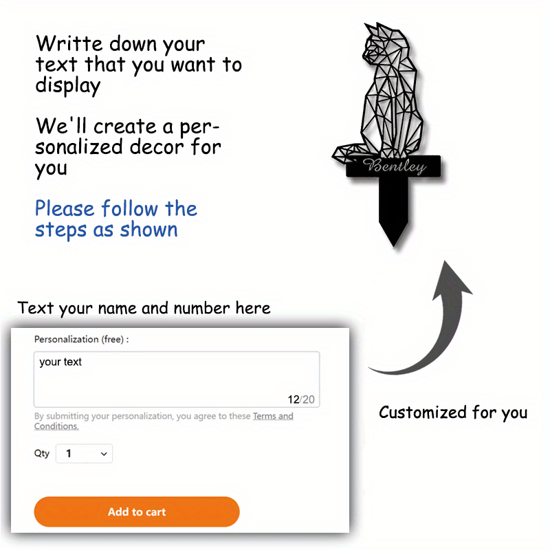 "Металлический памятный кол" - Настраиваемый подарок для соболезнования по поводу потери питомца, геометрический силуэт кошки, садовый маркер могилы для взрослых 14+, прочный черный металл, персонализированный"