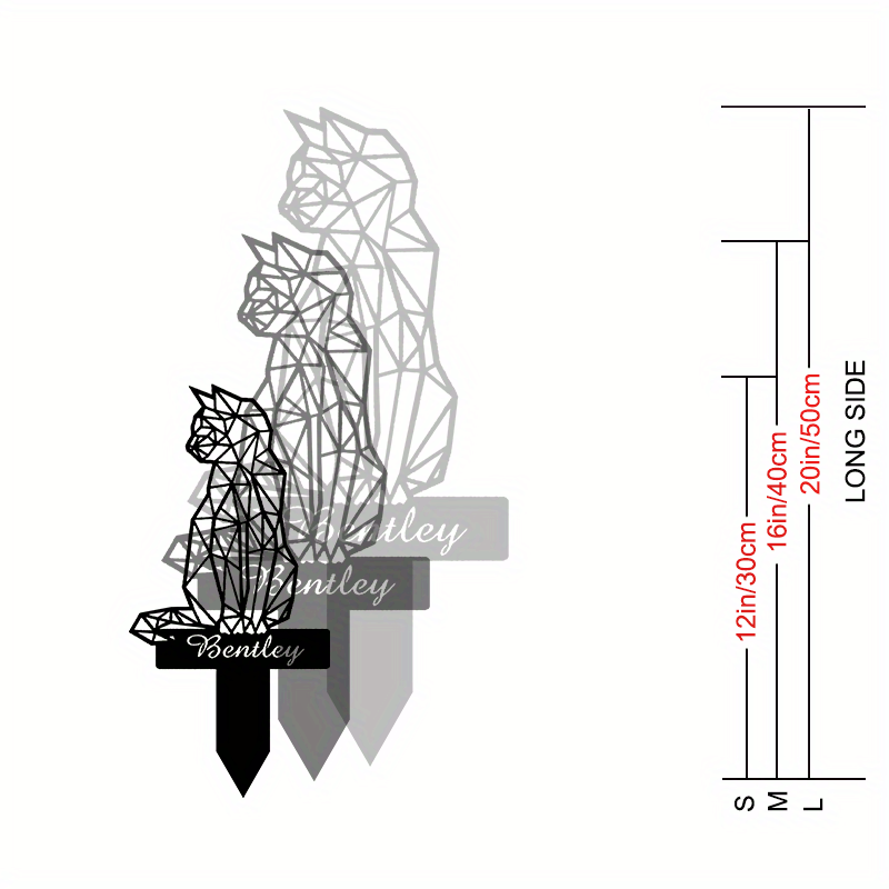 "Металлический памятный кол" - Настраиваемый подарок для соболезнования по поводу потери питомца, геометрический силуэт кошки, садовый маркер могилы для взрослых 14+, прочный черный металл, персонализированный"