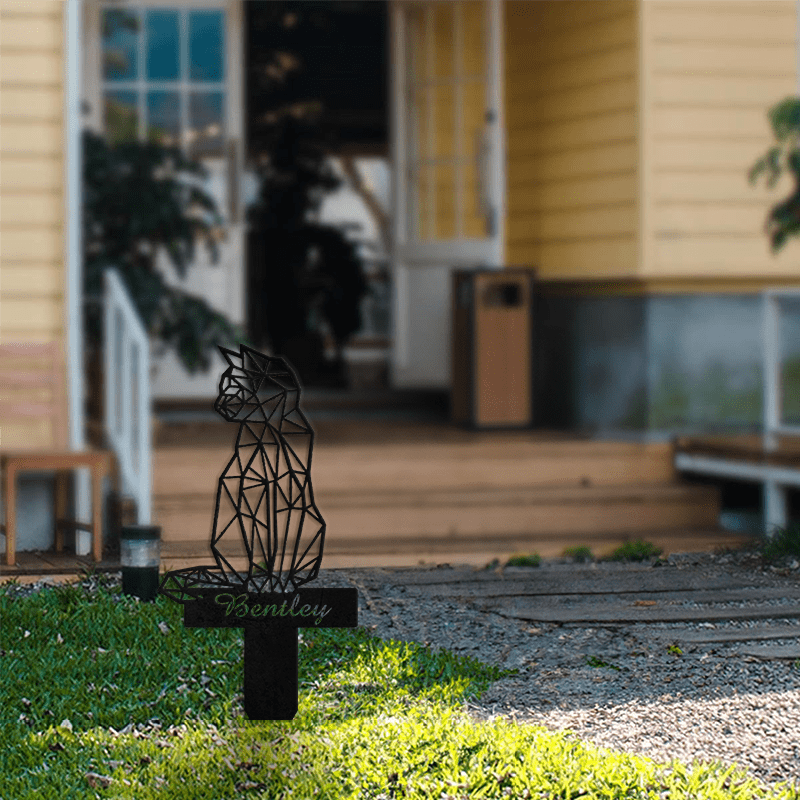 Metal Cat Memorial Stake - Customizable Pet Loss Sympathy Gift, Geometric Cat Silhouette Garden Grave Marker for Adults 14+, Durable Black Metal, Personalized