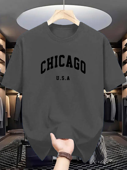 Chicago USA print men's t-shirt made of 100% polyester knit fabric. Features a casual crew neck tee with slight stretch, regular fit, and geometric pattern. Comfortable, elastic, and ideal