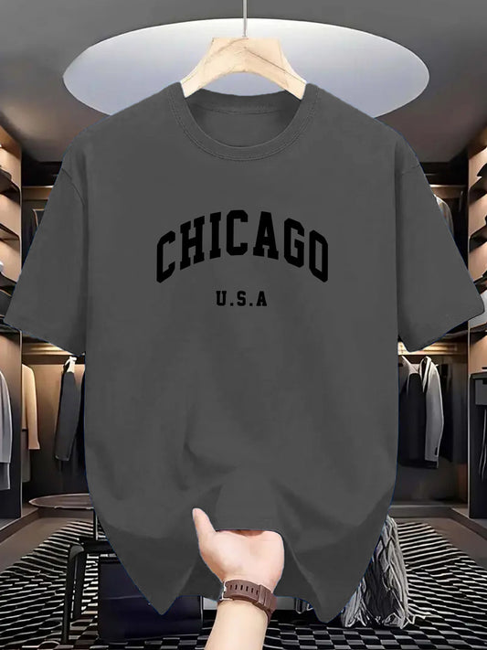 Chicago USA print men's t-shirt made of 100% polyester knit fabric. Features a casual crew neck tee with slight stretch, regular fit, and geometric pattern. Comfortable, elastic, and ideal