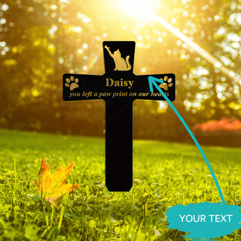 Black Metal Personalized Cross Stake for Pets - Weather-Resistant Cat Memorial Grave Marker with Paw Print Design, Suitable for Ages 14 and Up