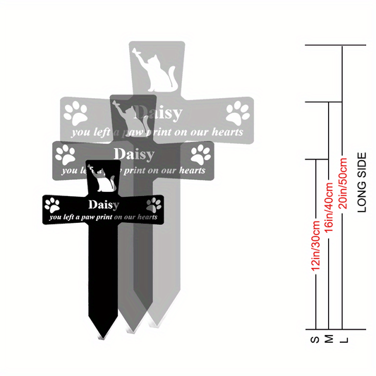 Black Metal Personalized Cross Stake for Pets - Weather-Resistant Cat Memorial Grave Marker with Paw Print Design, Suitable for Ages 14 and Up