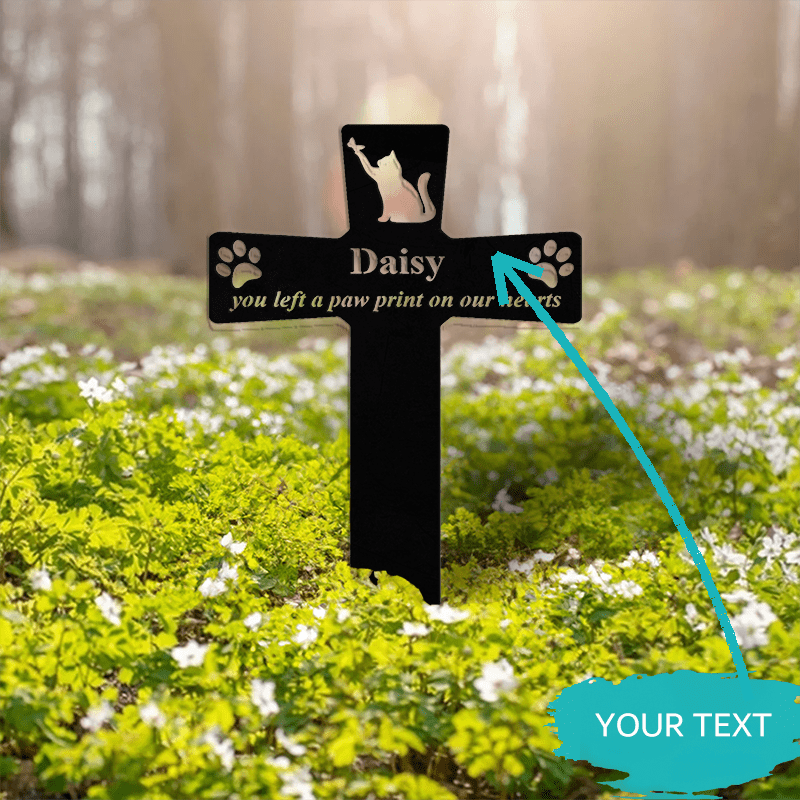 Black Metal Personalized Cross Stake for Pets - Weather-Resistant Cat Memorial Grave Marker with Paw Print Design, Suitable for Ages 14 and Up