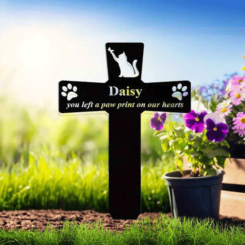 Black Metal Personalized Cross Stake for Pets - Weather-Resistant Cat Memorial Grave Marker with Paw Print Design, Suitable for Ages 14 and Up