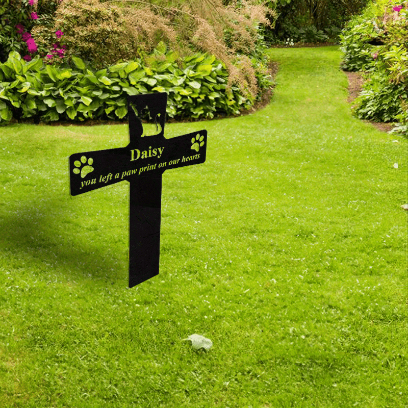 Black Metal Personalized Cross Stake for Pets - Weather-Resistant Cat Memorial Grave Marker with Paw Print Design, Suitable for Ages 14 and Up