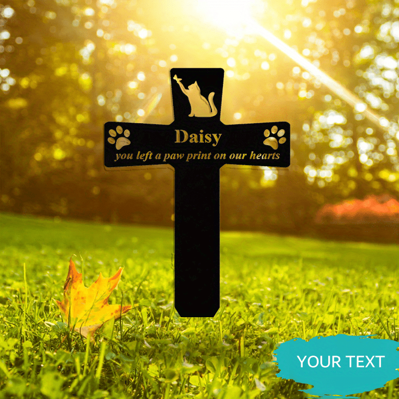 Black Metal Personalized Cross Stake for Pets - Weather-Resistant Cat Memorial Grave Marker with Paw Print Design, Suitable for Ages 14 and Up