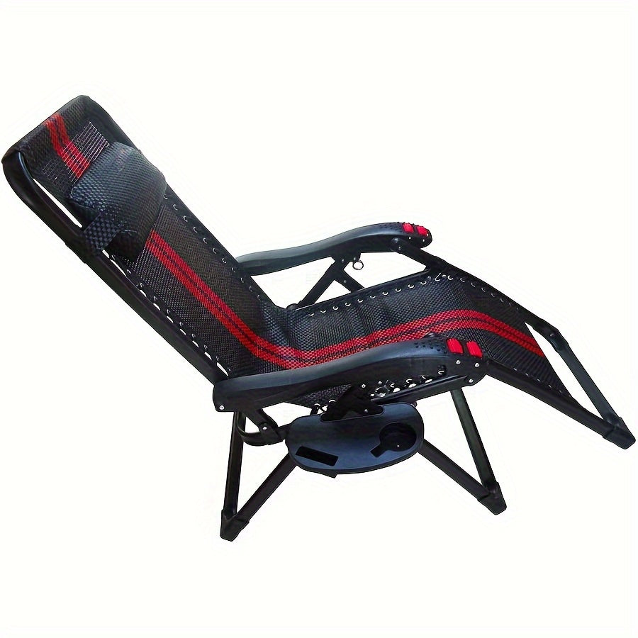 A modern black zero gravity chair accessory tray with cup holder and phone slot. Its durable clip-on design is perfect for lounging and beach recliners, and it is made of sturdy plastic.