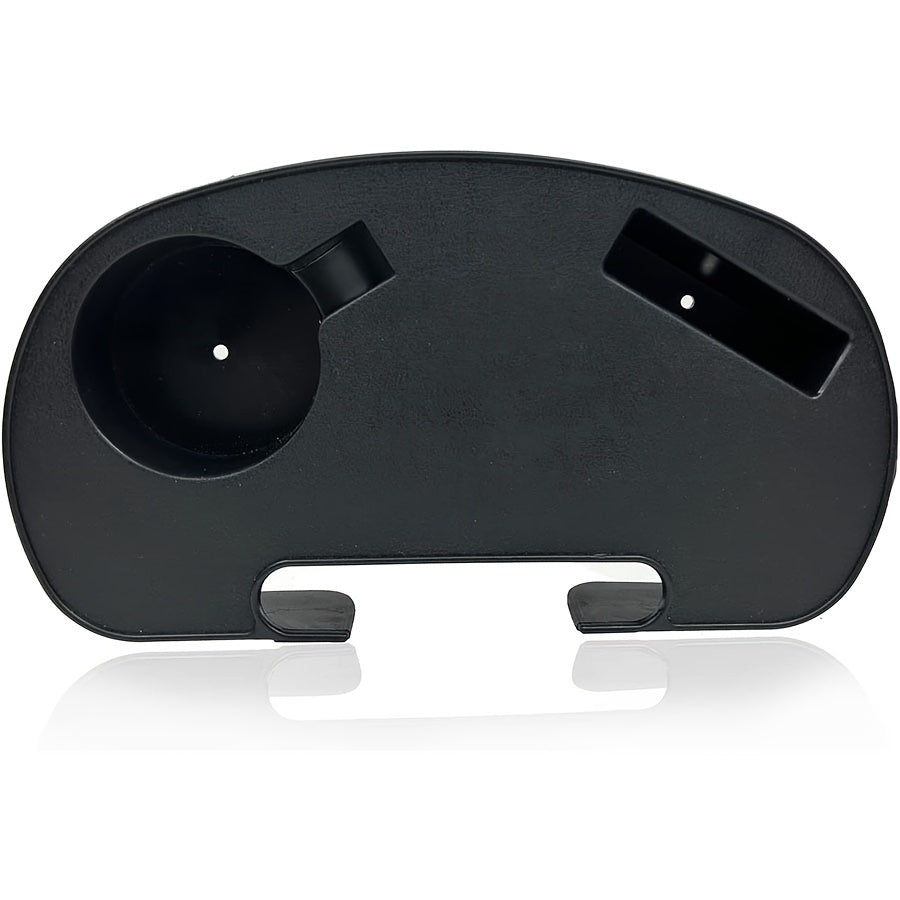 A modern black zero gravity chair accessory tray with cup holder and phone slot. Its durable clip-on design is perfect for lounging and beach recliners, and it is made of sturdy plastic.