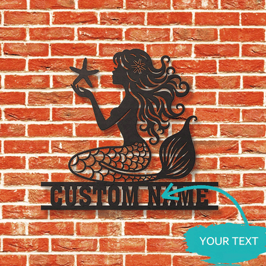 Unique gift for mermaid fans of all ages, this personalized mermaid tail metal wall decor with text is perfect for beach houses, nurseries, and more. A must-have for anyone 14 and up.