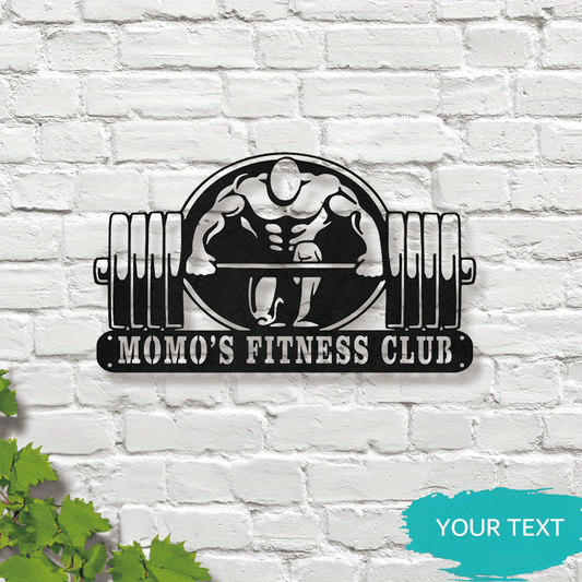 Personalized Metal Gym Sign for "MOMO'S FITNESS CLUB" - Contemporary Wall Art for Modern Fitness Enthusiasts, Elegant Black Finish, Ideal Home Decor for Every Room, Customized Door Hanging Decoration