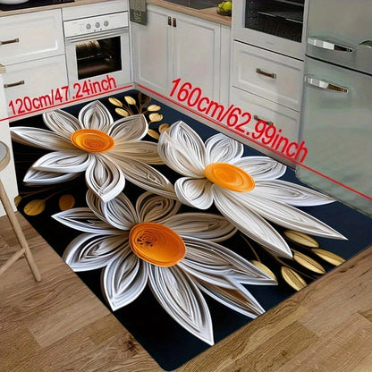 Floral Kitchen Floor Mat featuring a 3D White Flower Design - 1pc Thick and 1.1cm in Thickness. Made from Non-Slip and Wear-Resistant Polyester material, this mat is machine washable. Suitable for Kitchen, Living Room, Entryway, Balcony Decor, and can