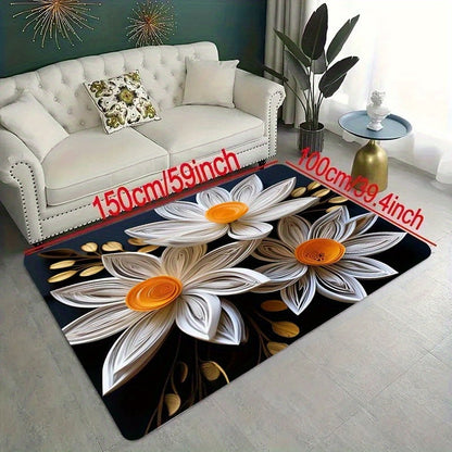 Floral Kitchen Floor Mat featuring a 3D White Flower Design - 1pc Thick and 1.1cm in Thickness. Made from Non-Slip and Wear-Resistant Polyester material, this mat is machine washable. Suitable for Kitchen, Living Room, Entryway, Balcony Decor, and can