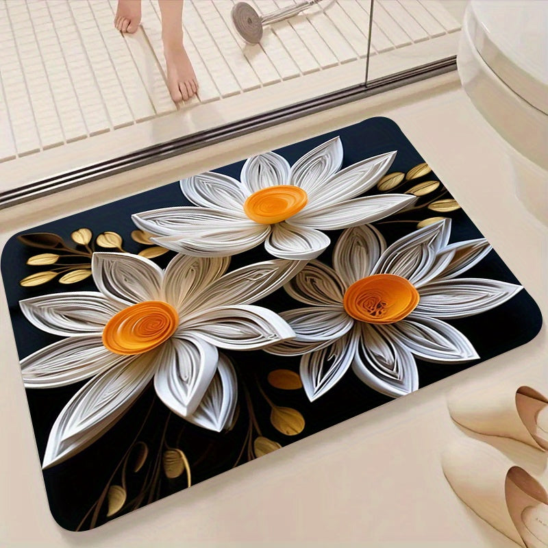 Floral Kitchen Floor Mat featuring a 3D White Flower Design - 1pc Thick and 1.1cm in Thickness. Made from Non-Slip and Wear-Resistant Polyester material, this mat is machine washable. Suitable for Kitchen, Living Room, Entryway, Balcony Decor, and can