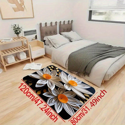 Floral Kitchen Floor Mat featuring a 3D White Flower Design - 1pc Thick and 1.1cm in Thickness. Made from Non-Slip and Wear-Resistant Polyester material, this mat is machine washable. Suitable for Kitchen, Living Room, Entryway, Balcony Decor, and can