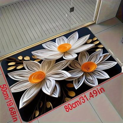 Floral Kitchen Floor Mat featuring a 3D White Flower Design - 1pc Thick and 1.1cm in Thickness. Made from Non-Slip and Wear-Resistant Polyester material, this mat is machine washable. Suitable for Kitchen, Living Room, Entryway, Balcony Decor, and can