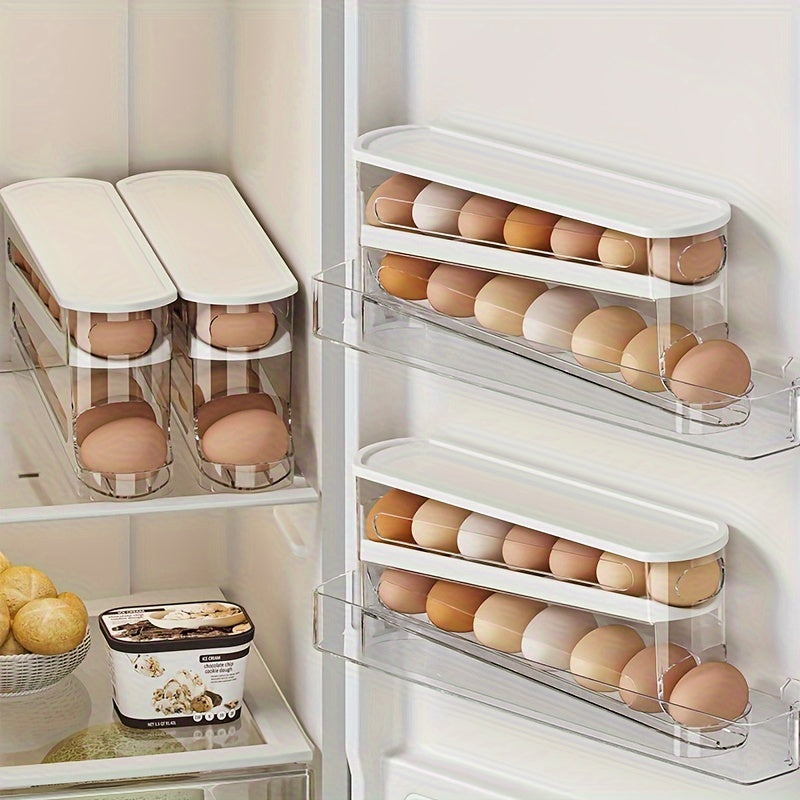 Durable plastic egg storage box for refrigerator side door saves space and is essential kitchen accessory.