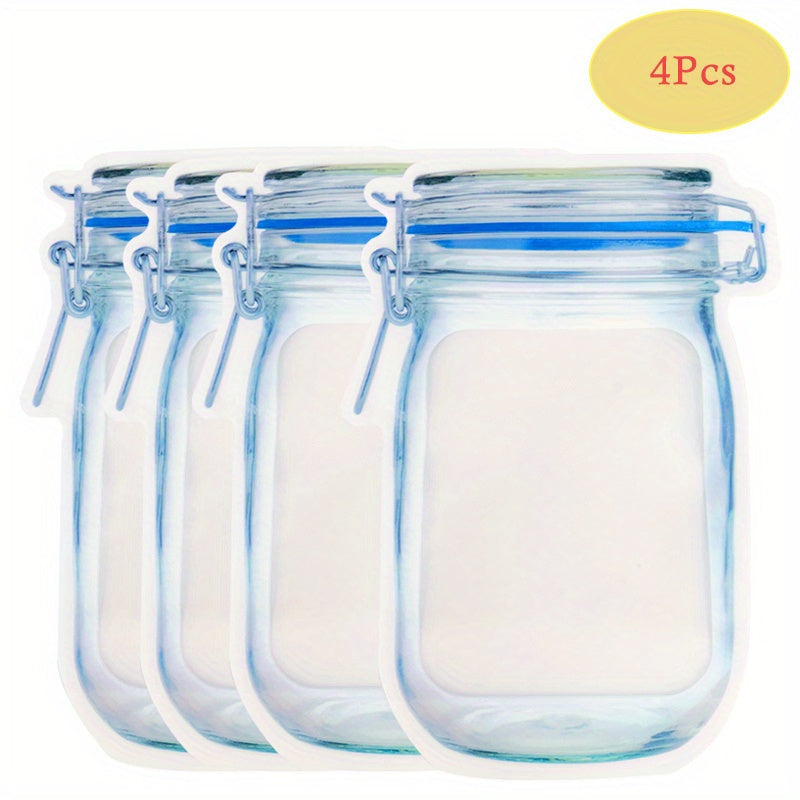 Reusable Mason Jar Zip Lock Bags - 4 Pack. Ideal for storing nuts, candy, cookies, snacks. BPA-free, freezer safe, vacuum sealed with clip-on closure. No electricity required. Great for multipurpose use.