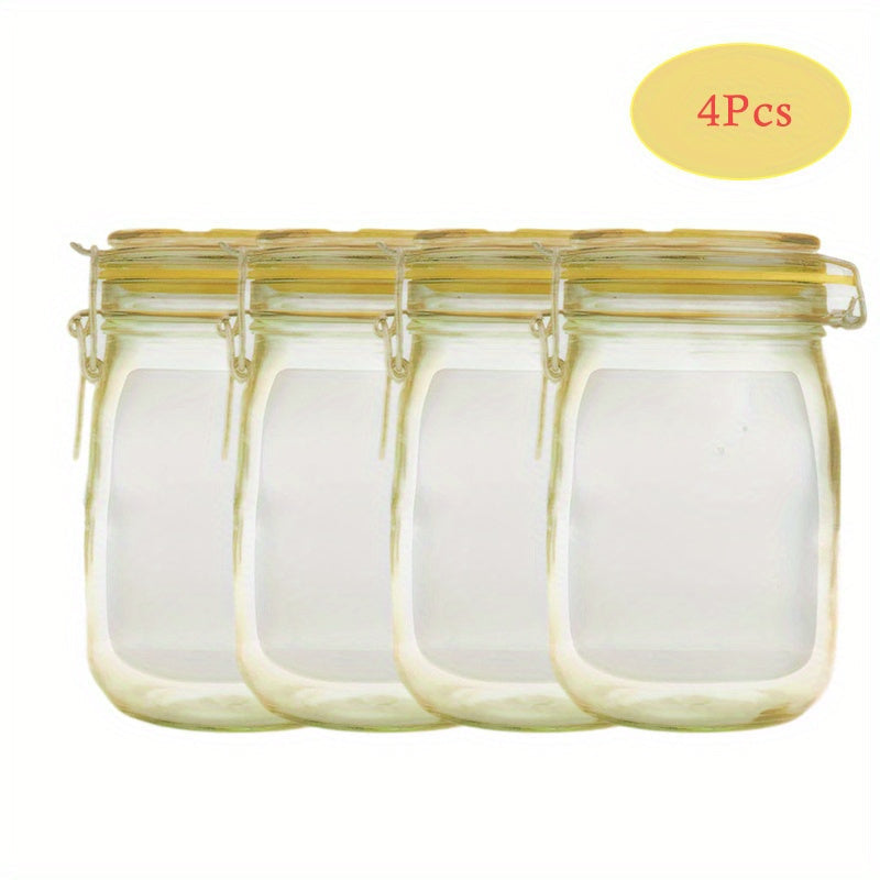 Reusable Mason Jar Zip Lock Bags - 4 Pack. Ideal for storing nuts, candy, cookies, snacks. BPA-free, freezer safe, vacuum sealed with clip-on closure. No electricity required. Great for multipurpose use.