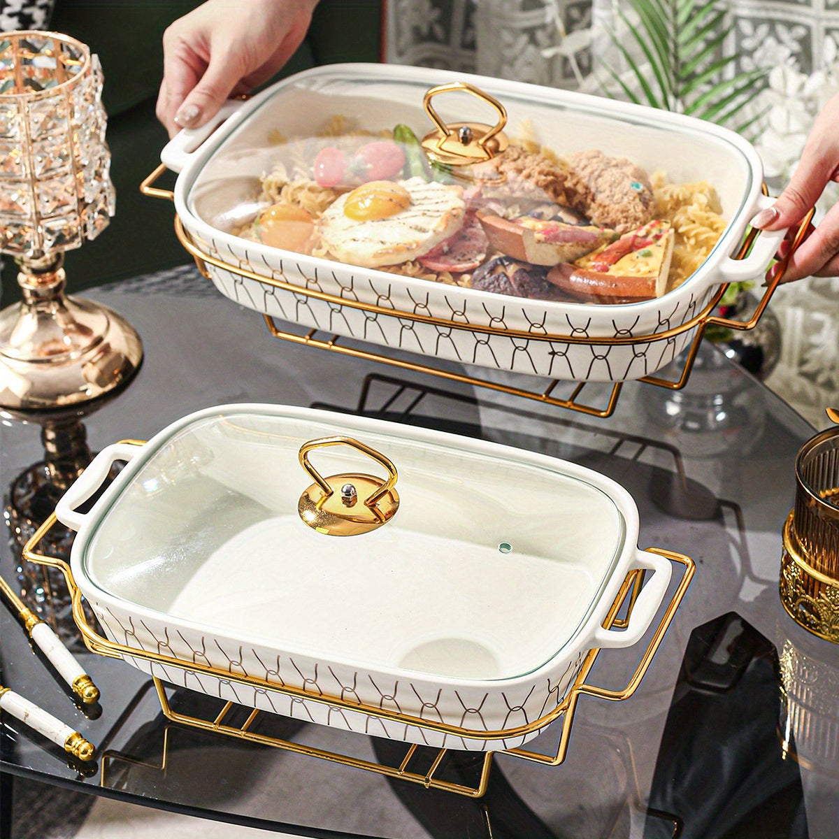 This 1pc set Ceramic Stockpot with Lid features a stylish Golden Trim and is perfect for various cooking needs such as soups, stews, casseroles, bread, turkey, cheese, and pizza. Ideal for use at home, outdoor events, weddings, parties, gifts, birthdays