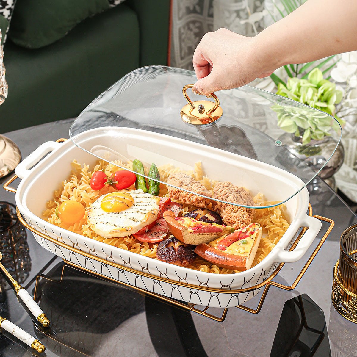 This 1pc set Ceramic Stockpot with Lid features a stylish Golden Trim and is perfect for various cooking needs such as soups, stews, casseroles, bread, turkey, cheese, and pizza. Ideal for use at home, outdoor events, weddings, parties, gifts, birthdays