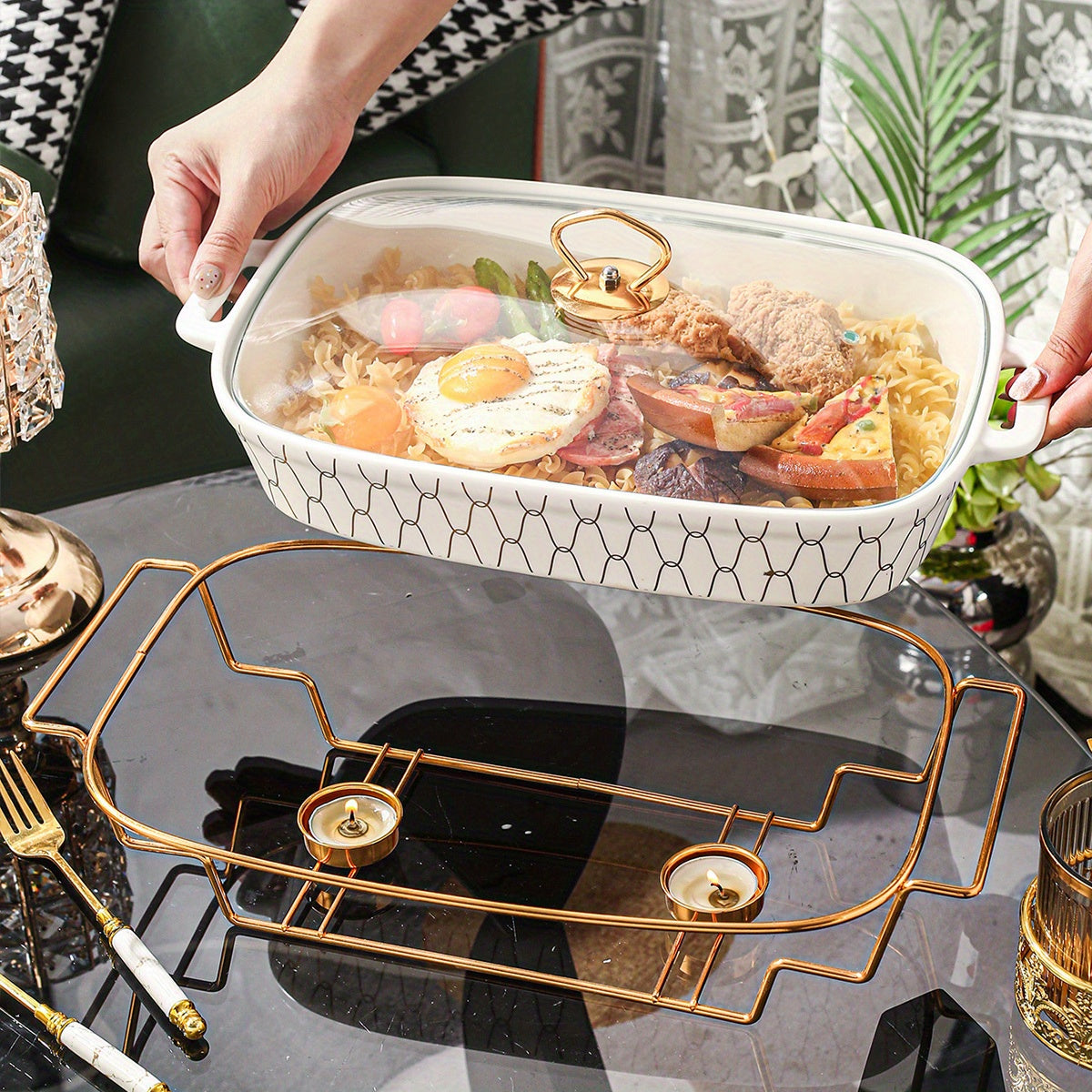 This 1pc set Ceramic Stockpot with Lid features a stylish Golden Trim and is perfect for various cooking needs such as soups, stews, casseroles, bread, turkey, cheese, and pizza. Ideal for use at home, outdoor events, weddings, parties, gifts, birthdays