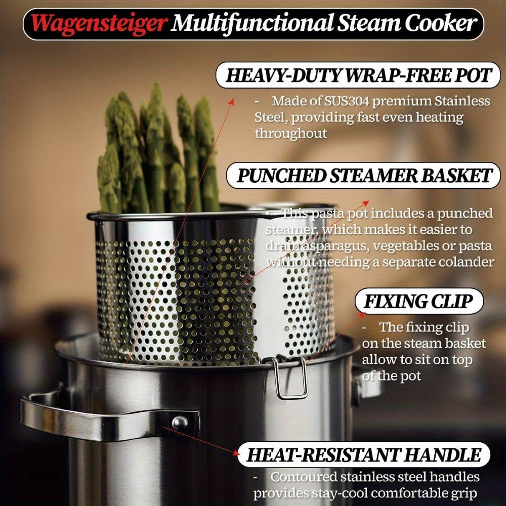 Durable 3-Ply Based Stainless Steel Steamer Pot & Pasta Cooker - Versatile with Large 4.3L/1.14Gal Capacity, Includes Perforated Basket for Home Kitchens