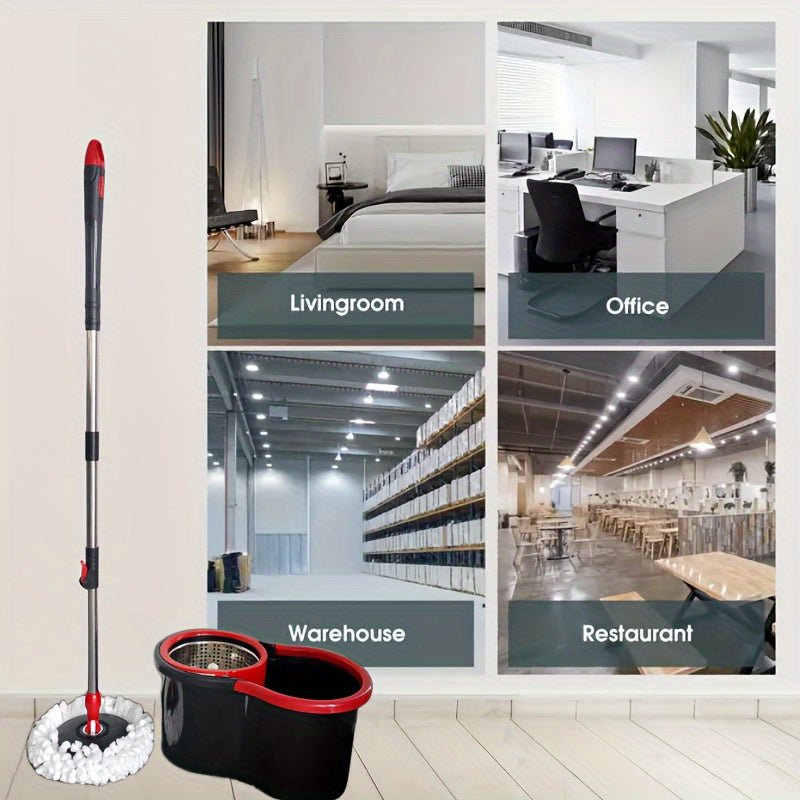 Introducing the 1set Dual-Action Wet and Dry Spin Mop with Dual-Drive Bucket! This easy-to-use, efficient floor cleaning system is perfect for home and commercial use. Made of durable plastic, it is suitable for use in the living room, bedroom, bathroom