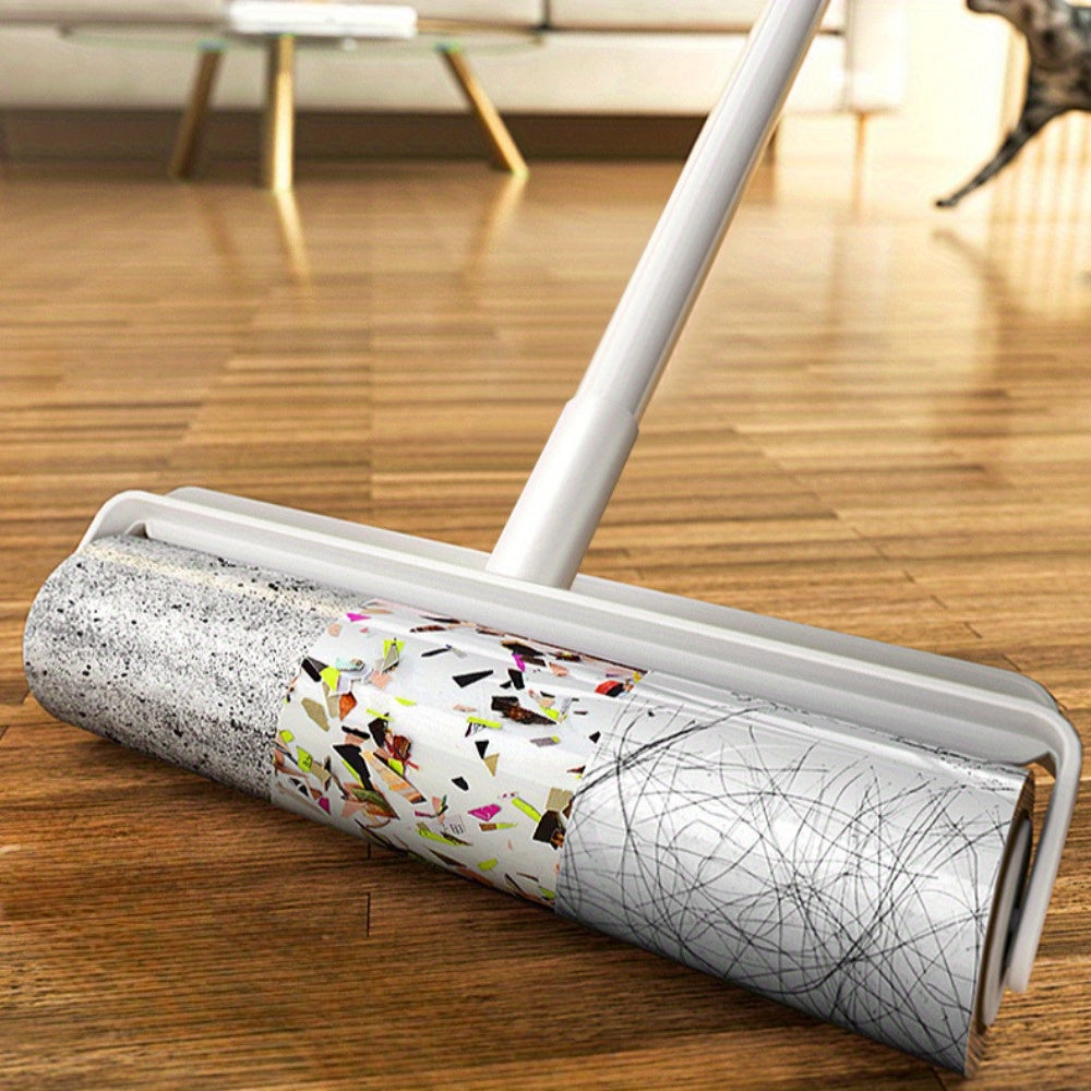 Hair remover roller set includes 1 adhesive roller, 1 extendable rod with 30 tear paper sheets. This portable pet hair removal tool is perfect for furniture, carpets, and clothes. Easy to use with no battery required, it is a convenient floor cleaning