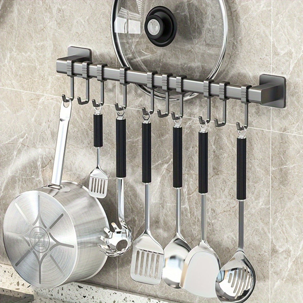 Kitchen Wall Mounted Hanging Rack with 10 Hooks, Rectangular Plastic Storage Organizer for Pots, Pans, and Utensils, Ideal for Home Kitchen Use