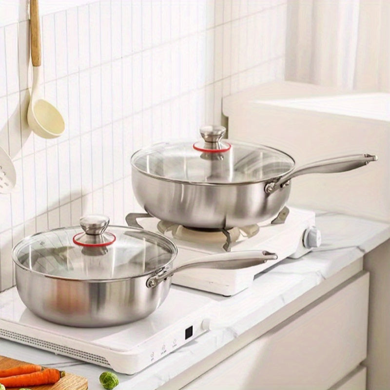 A stainless steel soup pot with a single handle that is ideal for heating milk and is non-stick. It is perfect for use on an electromagnetic stove and is a durable, rust-resistant cookware option that is perfect for modern home kitchens. Great addition