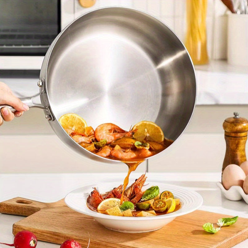 This durable stainless steel soup pot with a single handle is perfect for cooking hot milk and other dishes. It is a non-stick pot that is great for use with electromagnetic cooking. This kitchen utensil is a must-have for modern home kitchens, as it is