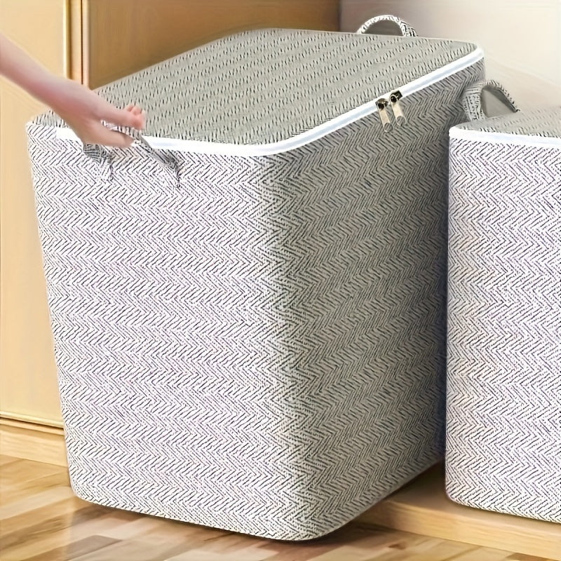 Folding storage box with handle and large capacity, fashionable gray striped pattern, perfect for organizing toys and clothing in the wardrobe.