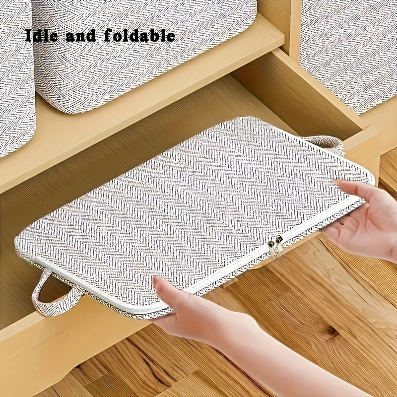 Folding storage box with handle and large capacity, fashionable gray striped pattern, perfect for organizing toys and clothing in the wardrobe.