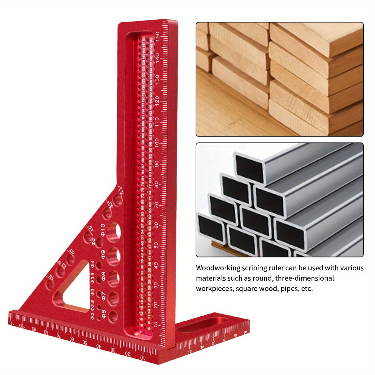 Aluminum alloy woodworking square with multi-angle measuring ruler, extended miter triangular T-ruler, and protractor layout tool with dowel pin.