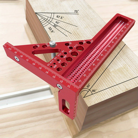 Aluminum alloy woodworking square with multi-angle measuring ruler, extended miter triangular T-ruler, and protractor layout tool with dowel pin.