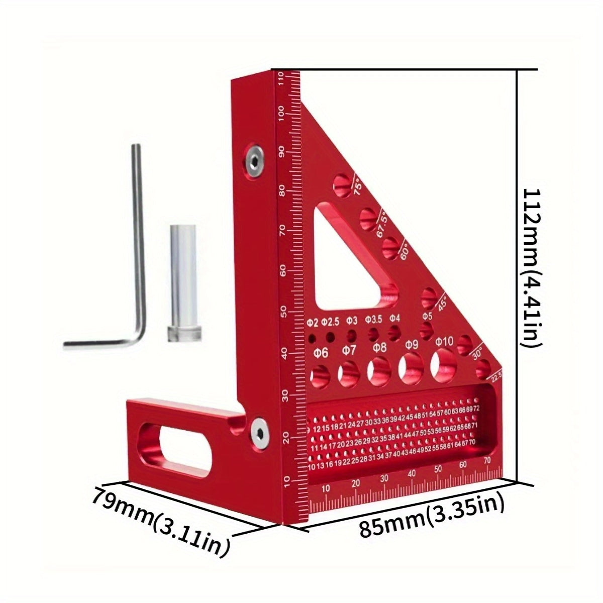 Aluminum alloy woodworking square with multi-angle measuring ruler, extended miter triangular T-ruler, and protractor layout tool with dowel pin.