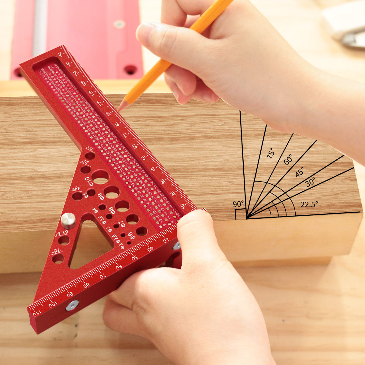 Aluminum alloy woodworking square with multi-angle measuring ruler, extended miter triangular T-ruler, and protractor layout tool with dowel pin.