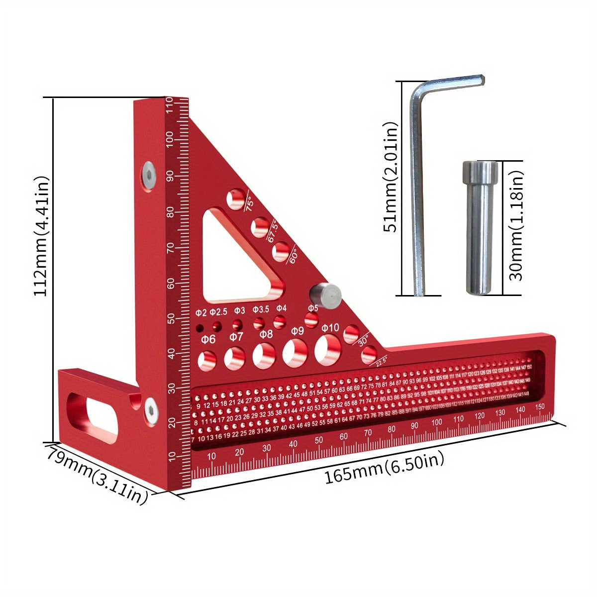 Aluminum alloy woodworking square with multi-angle measuring ruler, extended miter triangular T-ruler, and protractor layout tool with dowel pin.