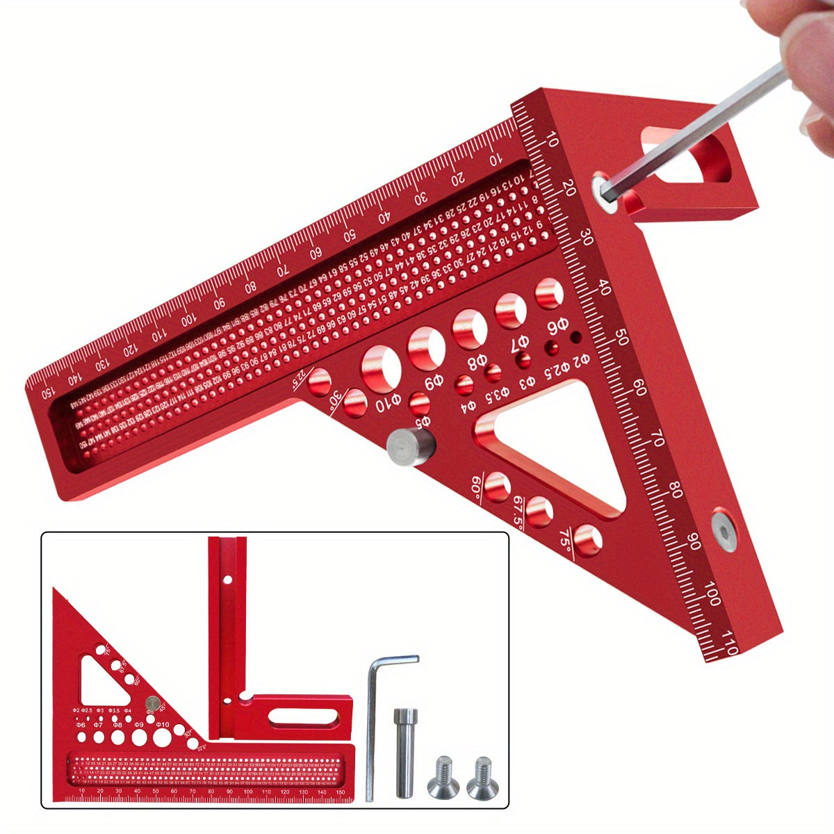 Aluminum alloy woodworking square with multi-angle measuring ruler, extended miter triangular T-ruler, and protractor layout tool with dowel pin.