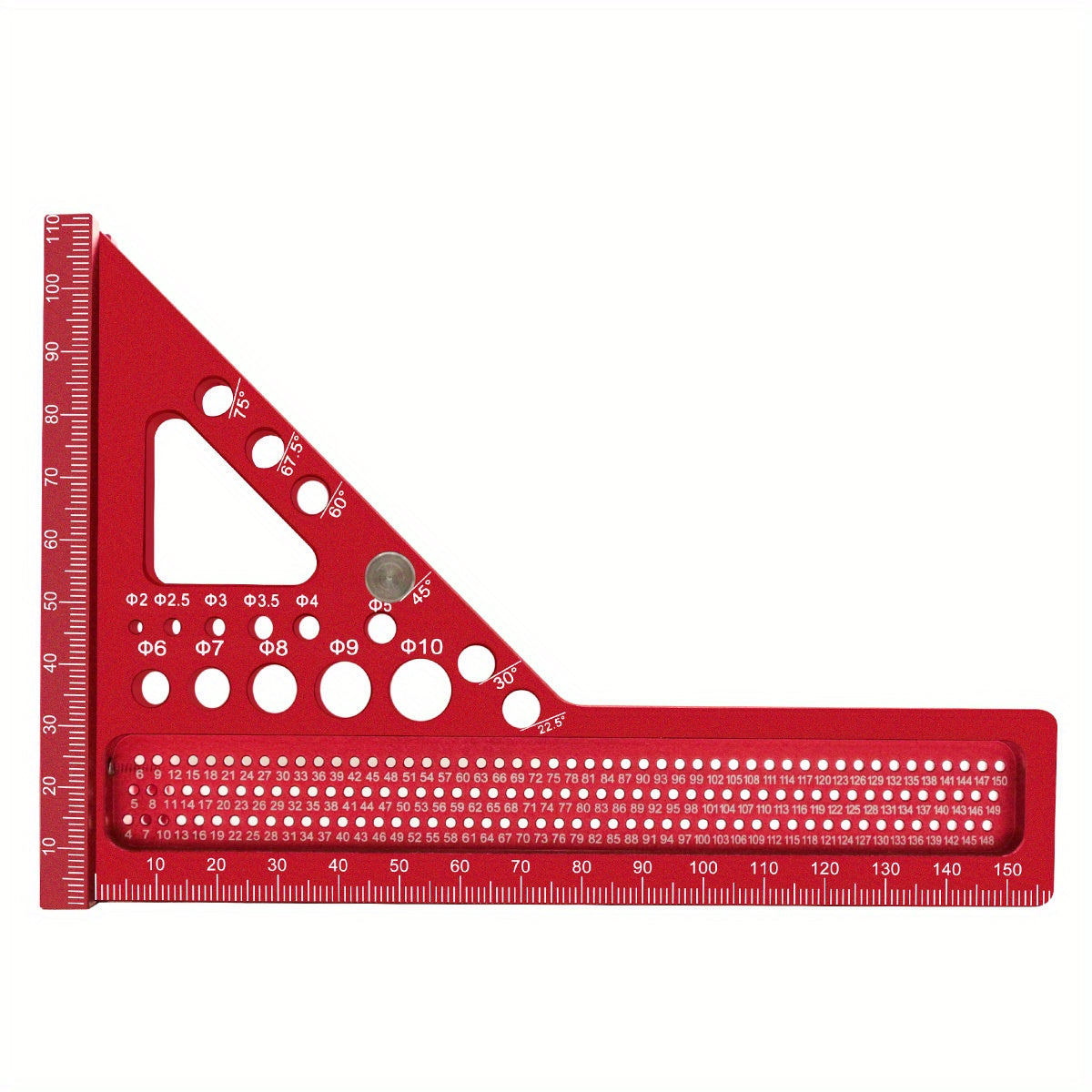 Aluminum alloy woodworking square with multi-angle measuring ruler, extended miter triangular T-ruler, and protractor layout tool with dowel pin.