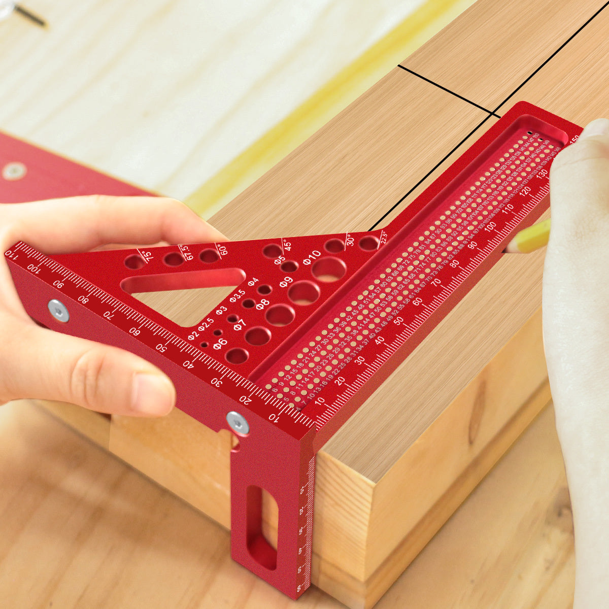 Aluminum alloy woodworking square with multi-angle measuring ruler, extended miter triangular T-ruler, and protractor layout tool with dowel pin.