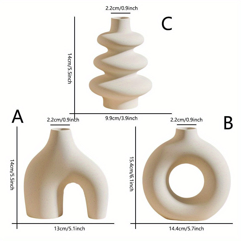 NJCHARMS Boho Chic 3-qismli Oq Keramika Vaza To'plami - Pampas O'simliklari, To'ylar va Uy Dekoratsiyasi uchun Mukammal | Geometrik Dumaloq Dizayn Yashash Xonasi, Yotoqxona, Qahva Stoliga