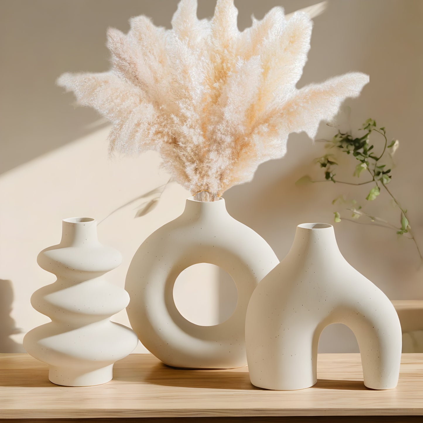 NJCHARMS Boho Chic 3-piece White Ceramic Vase Set - Perfect for Pampas Grass, Weddings & Home Decor | Geometric Round Design for Living Room, Bedroom, Coffee Table