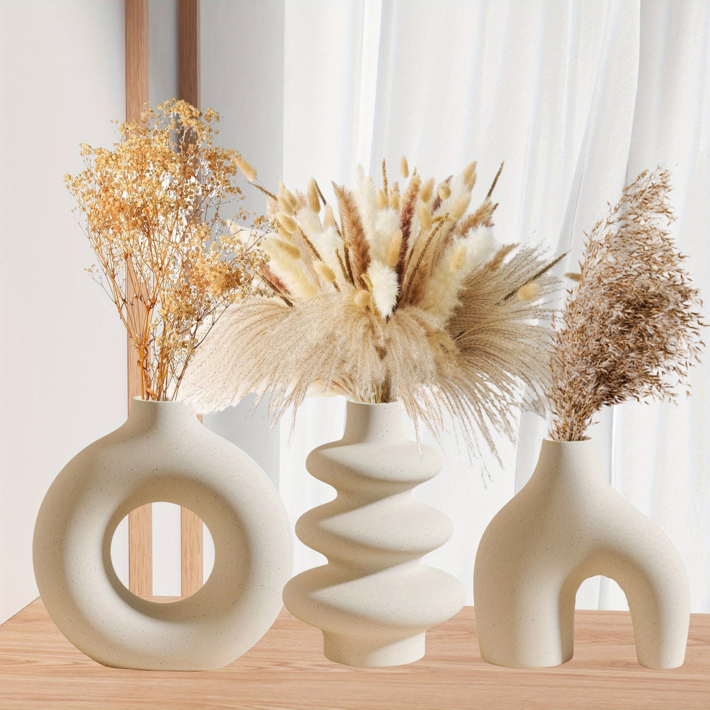 NJCHARMS Boho Chic 3-piece White Ceramic Vase Set - Perfect for Pampas Grass, Weddings & Home Decor | Geometric Round Design for Living Room, Bedroom, Coffee Table