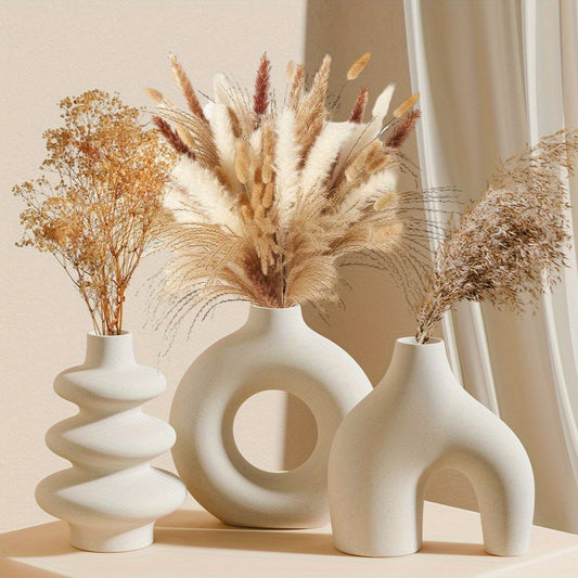 NJCHARMS Boho Chic 3-piece White Ceramic Vase Set - Perfect for Pampas Grass, Weddings & Home Decor | Geometric Round Design for Living Room, Bedroom, Coffee Table