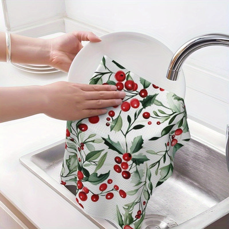 Get into the holiday spirit with our Festive Charm Merry Christmas Kitchen Towels Set! Measuring 45.72x66.04 cm, these soft and absorbent polyester towels feature a delightful design of festive red berries and green leaves. Perfect for adding a touch of